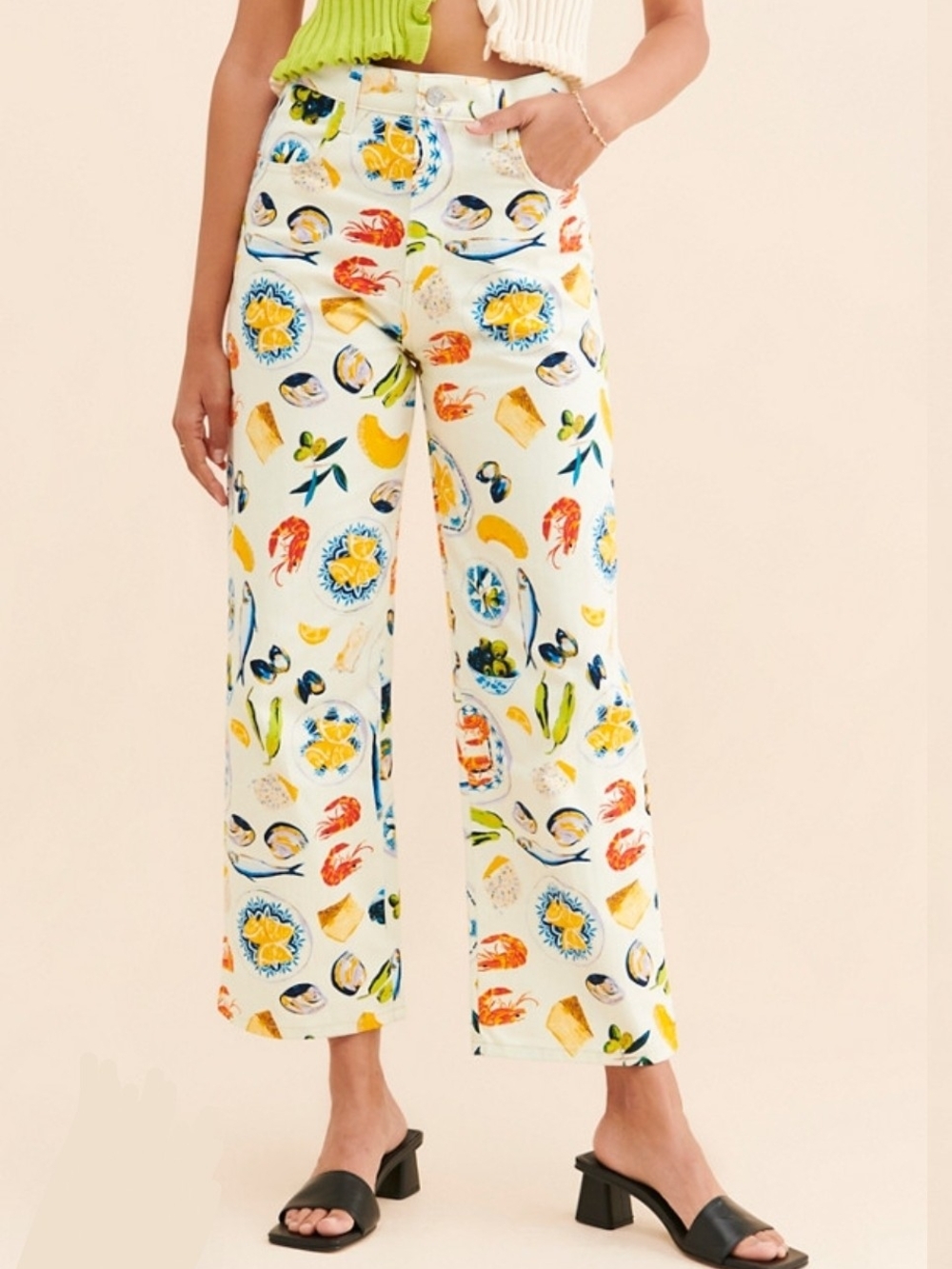 NWOT Lisa Says Gah Cream Printed Pants with Multicolor Seafood Tapas Motif Sz 8